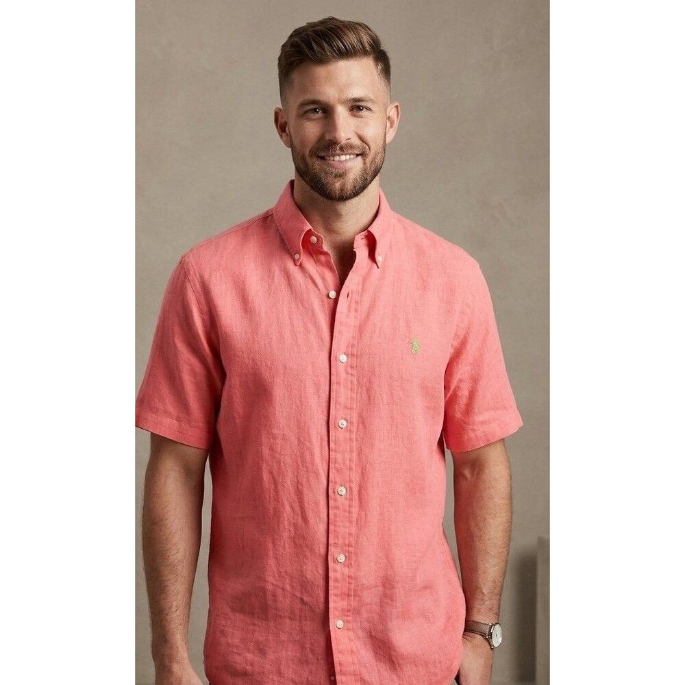 Ralph Lauren Men’s Coral Pink 100% Linen Button Up Short Sleeve Shirt Size Large